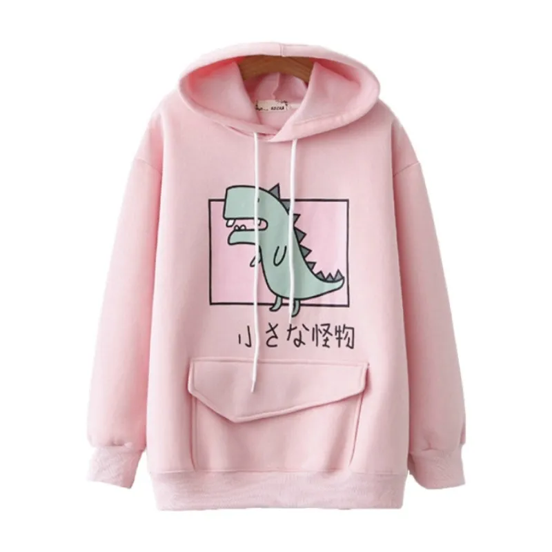 Merry Pretty Winter Fleece Thick Hoodies Cartoon Dinosaur Printed Sweatshirt Women's Clothes Sweet Hooded Drawstring Pullover 201202