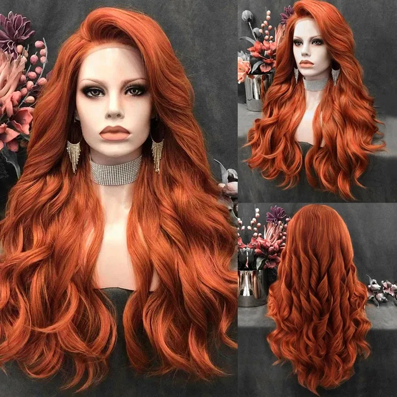 Lång wavy peruk orange röd färg sida del syntetisk spets fram peruk 360 spets frontal peruker för kvinnor cosplay peruk