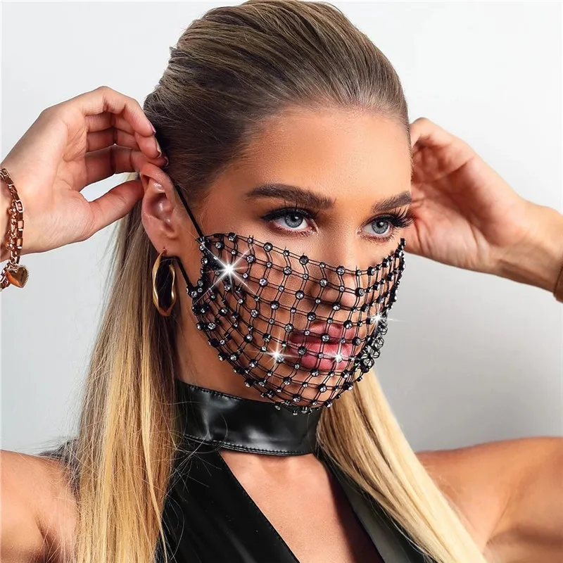 Luxury Mystic Black Mesh Vei Bling Rhinestone Face Mask Jewelry for Women Night Club Party Crystal Decoration Accessory
