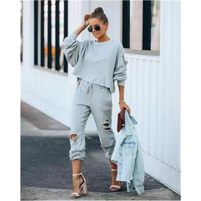 Kobiety Solidne Kolor Zestawy Sportowe Trend Moda Trend Z Długim Rękawem Krótkie Topy Sznurek Spodnie Otwór Garnitury Kobiece Wiosenne Nowe Casual Luźne Dresy