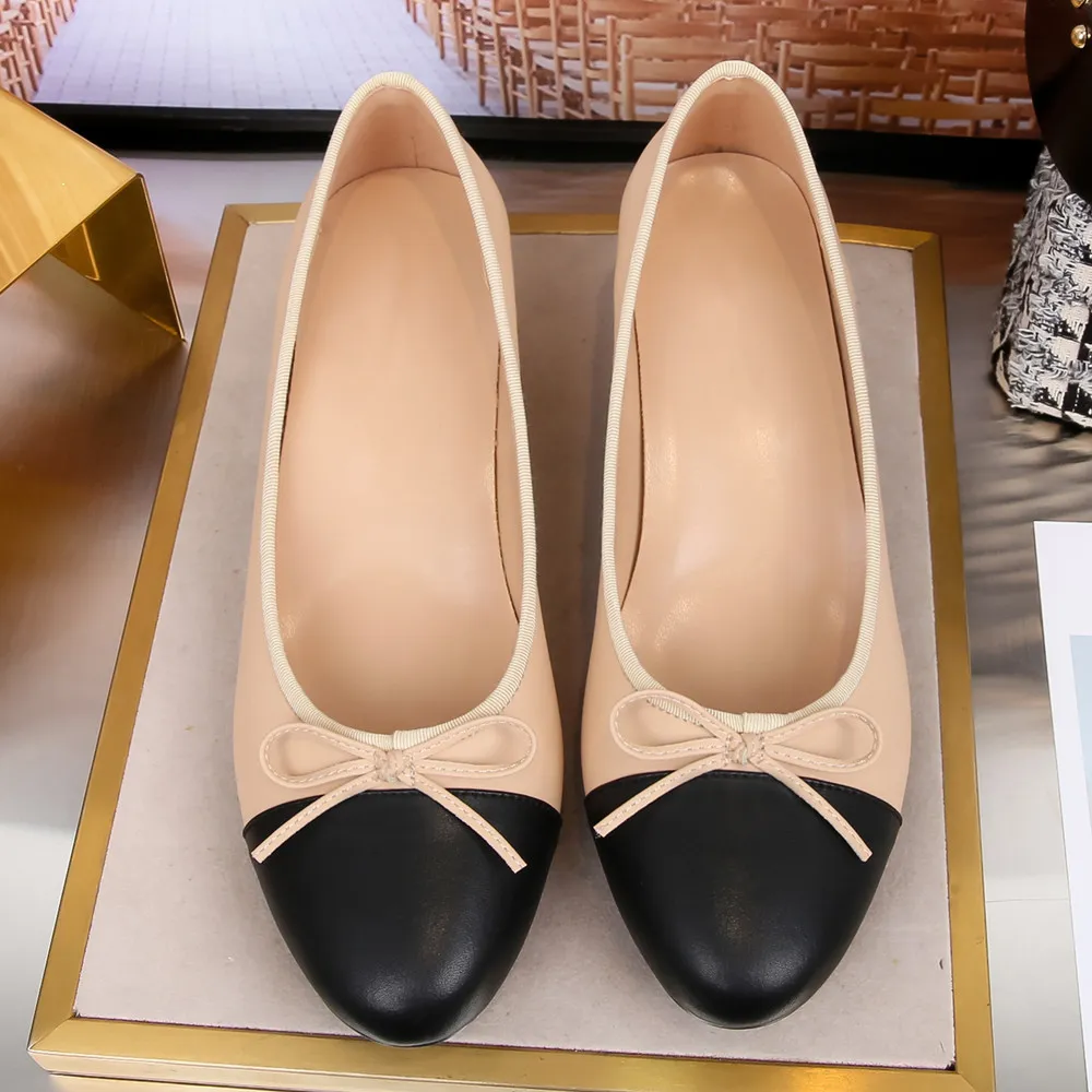 Лук балетные каблуки обувь женщина базовый 2020 твид кожа два цвета шить середины каблуки лук рабочая обувь мода вечеринка женская обувь насосы lj201112