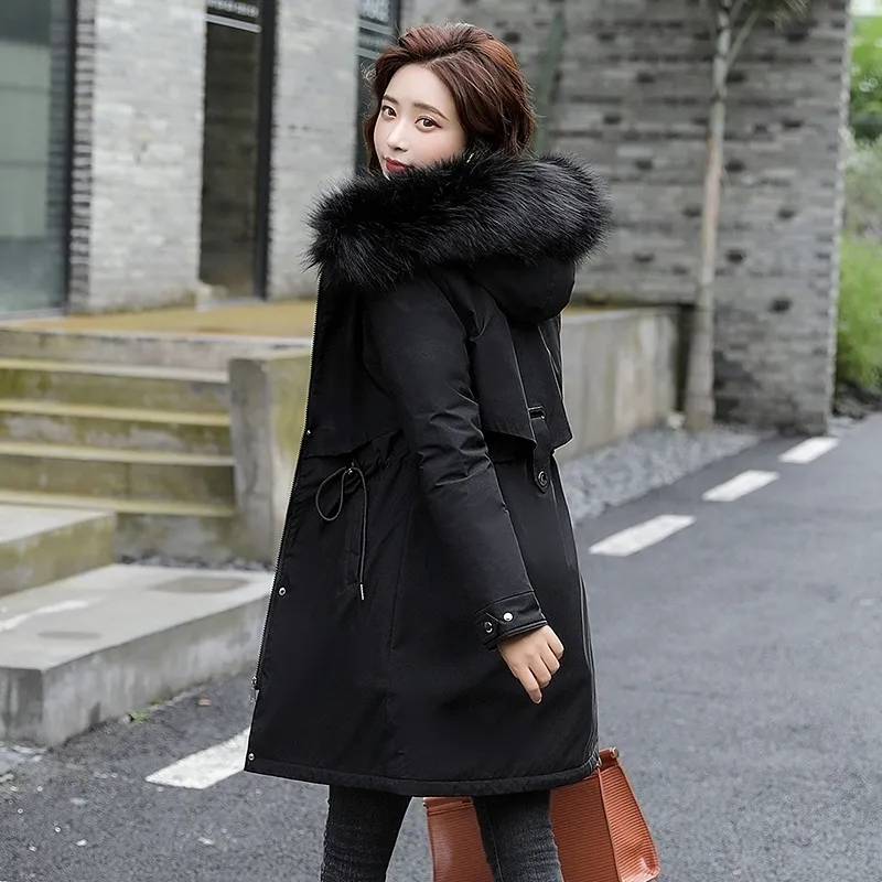 Koreanischen Stil Frauen Winter Langen Mantel Mit Kapuze Dünne Wolle Liner Weibliche Jacke Mit Pelz Kragen Plus Größe Feste Dicke Frau parkas 201125