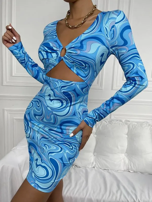 blue marble bodycon dress Women's Blue Marble Print Ruched Short Sleeve Bodycon Dress