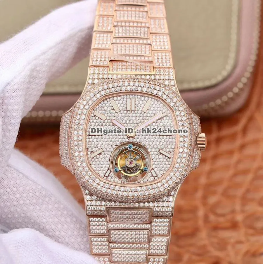 R8F Nautilus 5711 Or Rose Plein Diamants Véritable Tourbillon Mécanique À Remontage Manuel Montre Homme Cadran Diamant Bracelet Diamant Montres Hommes