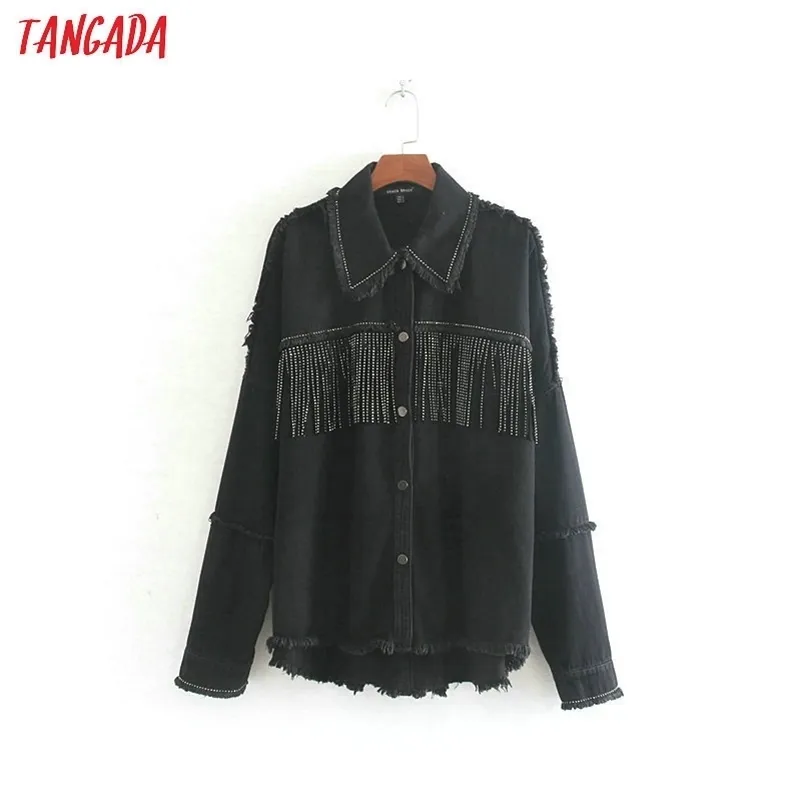 Tangada femmes mode surdimensionné vestes noires glands style petit ami col rabattu manteau dames streetwear hauts LJ201021