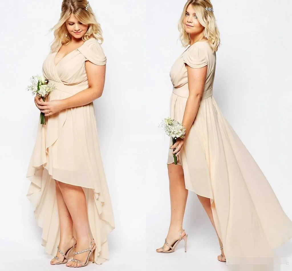 Champagne Chiffon Short Sleeve Formal Dress with Short Sleeves, High Low Cut, Ruched Pleats, and V-Neck