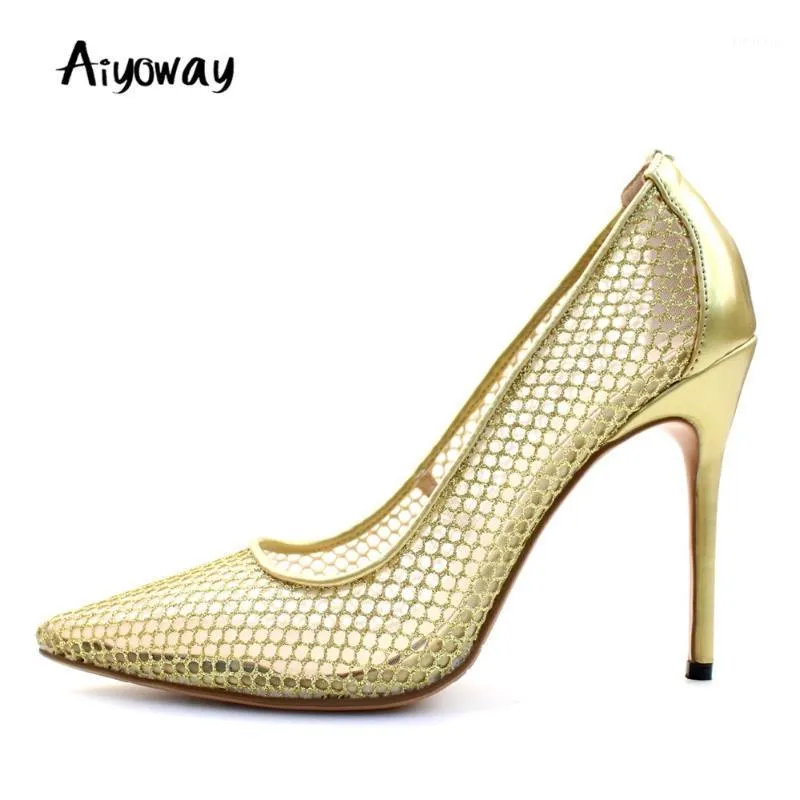 Sukienka Buty Szpiczaste Toe Gold Siatki Cienkie Wysokie Obcasy Pompy Stiletto Aiyoway Moda Kobiety Damska Jesień Wiosna Wedding Party