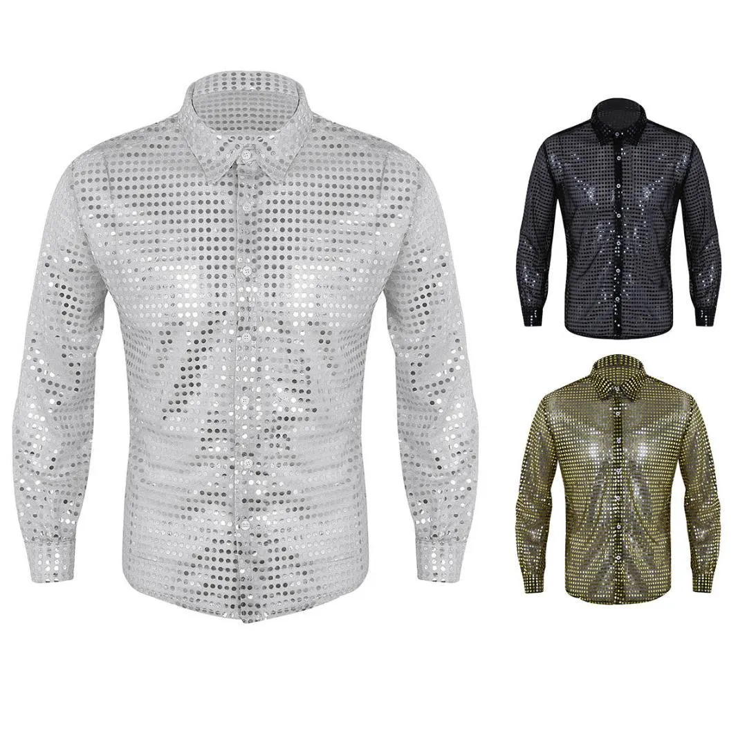 Men's Silver Sheer Mesh Disco Shirt - Metallic Sequin Glitter Top For Party, Club, Halloween (Black, Large) - View #12