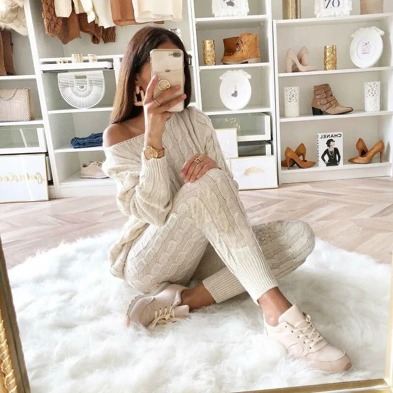 Hot Sale Designer Women Sweaters Sets Crew Neck Long Sleeve Fashion Spring Ladies Knit Suits Casual Female Two Piece Sets