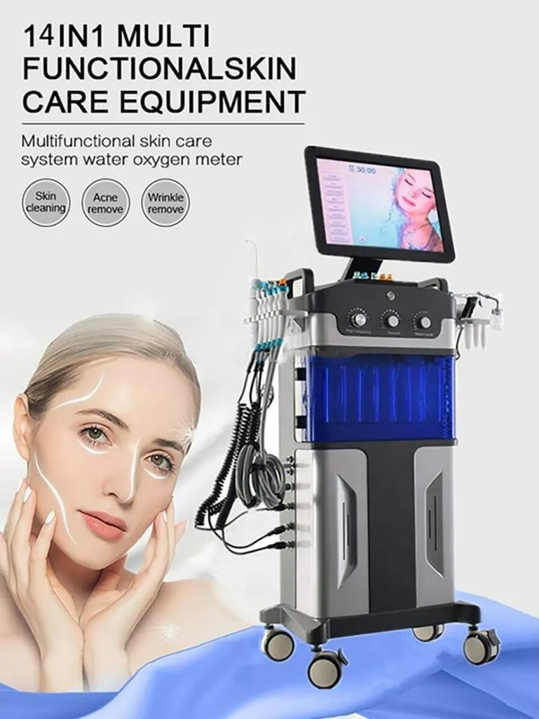 Stor sug14 i 1 Hydra Facial Dermabrasion Aqua Peeling Machine Hydro Skin Deep Cleansing Hyperbaric Therapy Microcurrent Ultraljud Anti Aging Beauty Machine