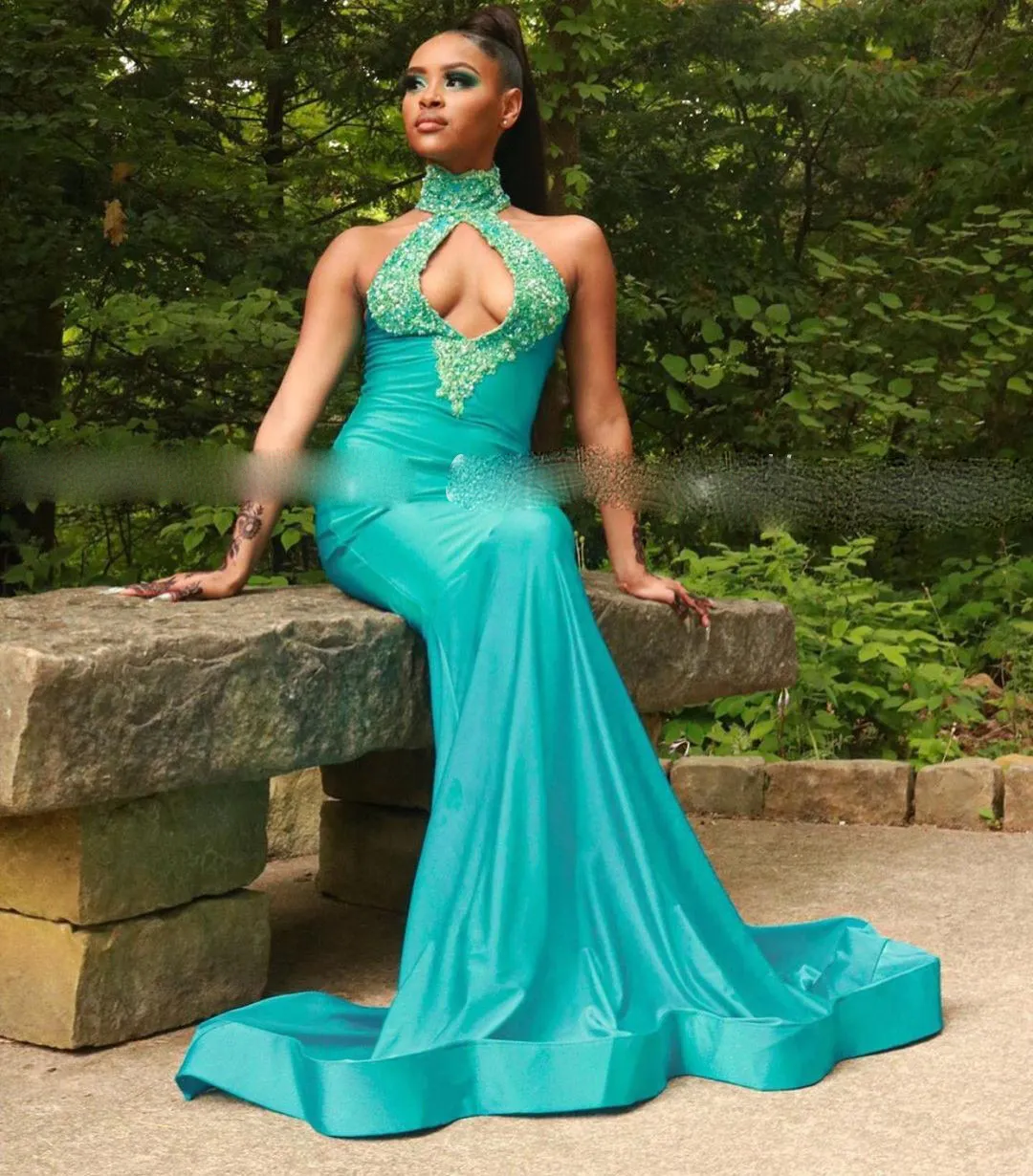 Turquoise Keyhole Neck Mermaid Prom Dresses For Black Girls Applique ...