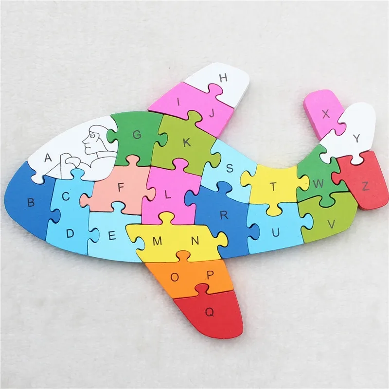 Wooden toy puzzle Cartoon Color Airplane 26 piece English letters and digital cognitive