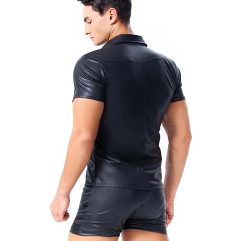 Erkek T Shirt Erkekler Wetlook Faux Deri Gomlek PU T Seksi Spor Gay Lateks T shirt Tees Sahne Tee Parti Clubwear1