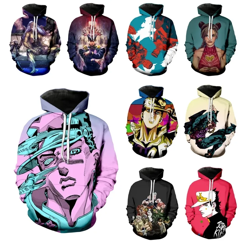 Anime jojo bizarre äventyr hoodies män kvinnor jojo sweatshirt 3d tryck mode långärmad hip hop topp o neck pullover c045-14 201113