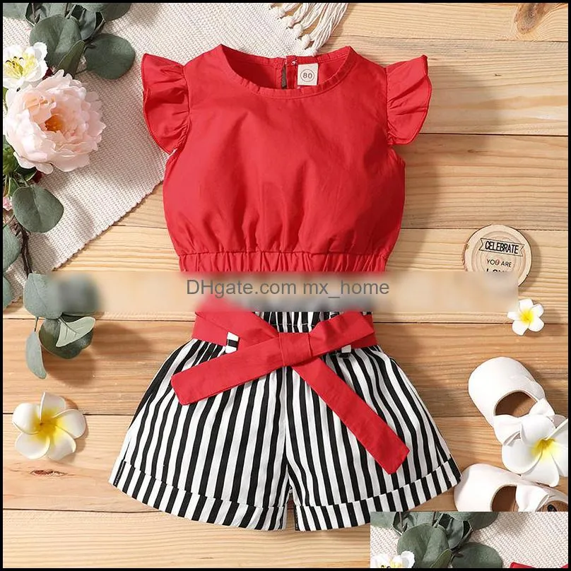 kids Clothing Sets Girls outfits Children Flying sleeve Dots Tops+stripe shorts 2pcs/set summer fashion Boutique baby clothes Z5587