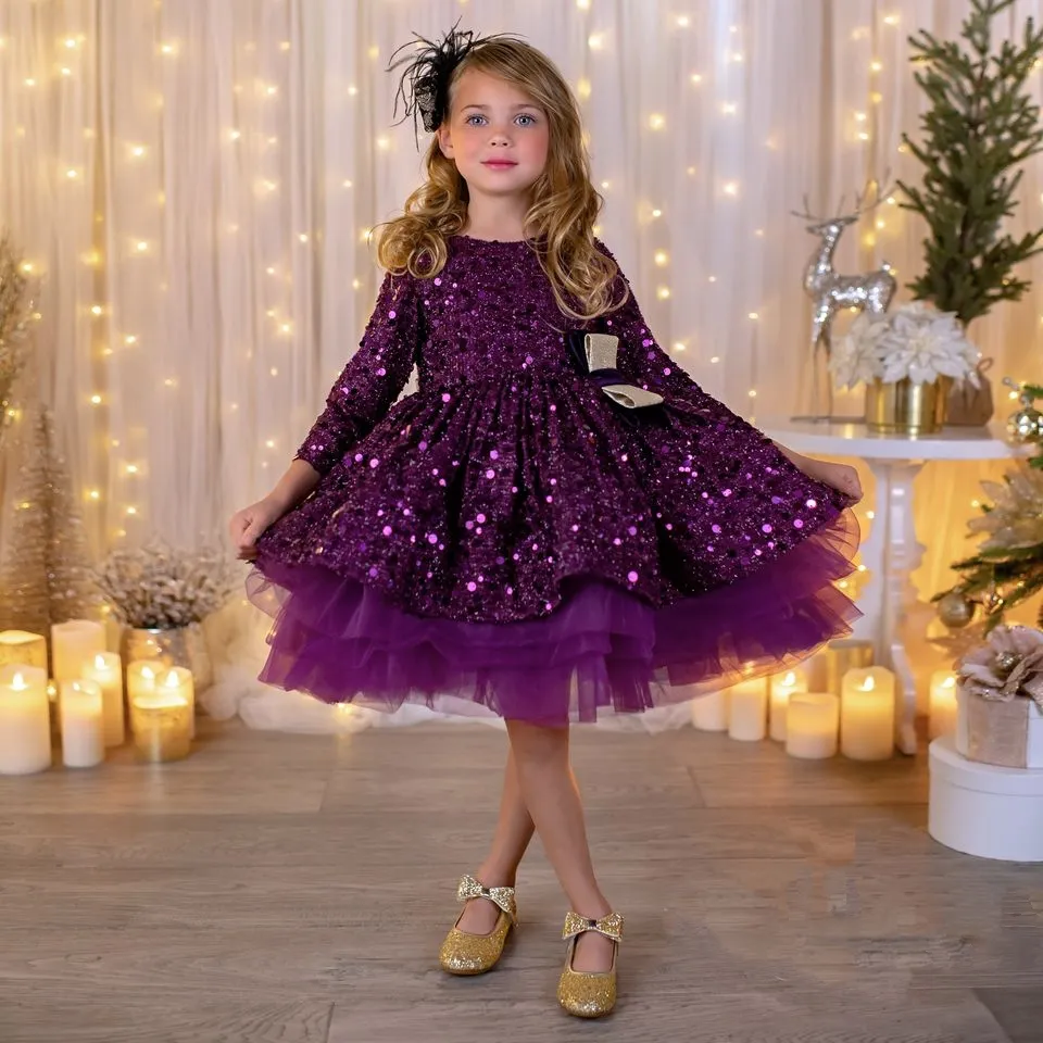 knee length dresses for ladies Tween Girls' Long Sleeves Mesh Overlay Sequin Mermaid Dress Champagne / 8Y