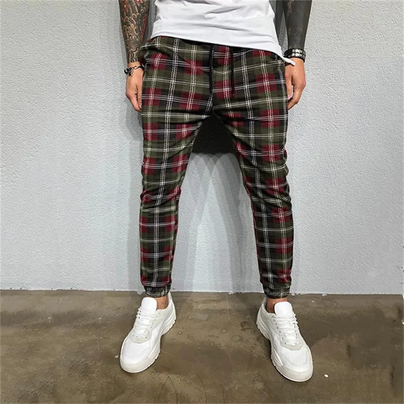 Fashion- Plaid Print Mens Designer Pants Fashion Pockets Mens Skinny Pants Casual Mens Running Pants Males Clothing