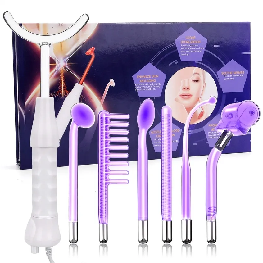 7 In1 Haute fréquence Machine d'électrothérapie Baguette en verre Tube de verre Massager pour le vieillissement de la peau Pores Spot Remover de l'acné Beauty 220224