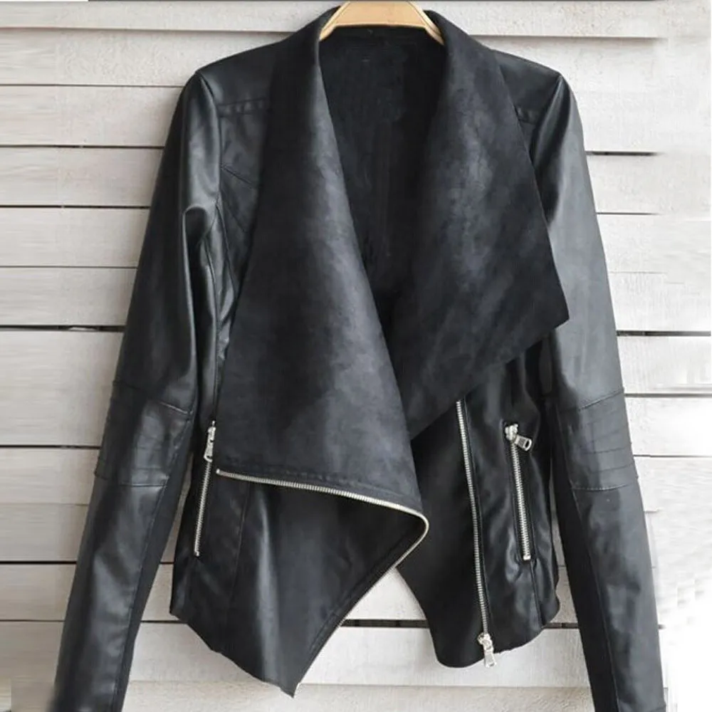 Z Długim Rękawem PU Skórzana Kurtka Kobiety Vintage Moto Biker Skóra Pochylona Zipper Kurtka Jesień Lady Płaszcz Plus Size Outerwear 9.19 T200111