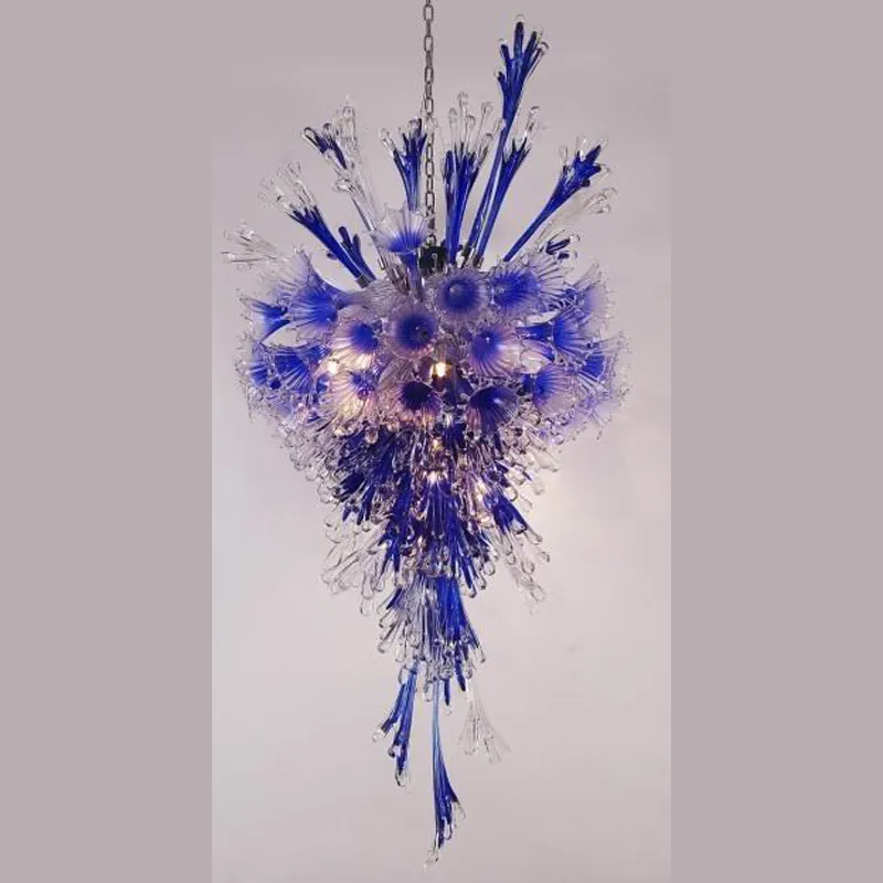 Lámparas de araña de cristal con diseño de flores de Italia, accesorios de iluminación de araña de arte azul, luces colgantes para el hogar de vidrio soplado hechas a mano, 20 por 32 pulgadas