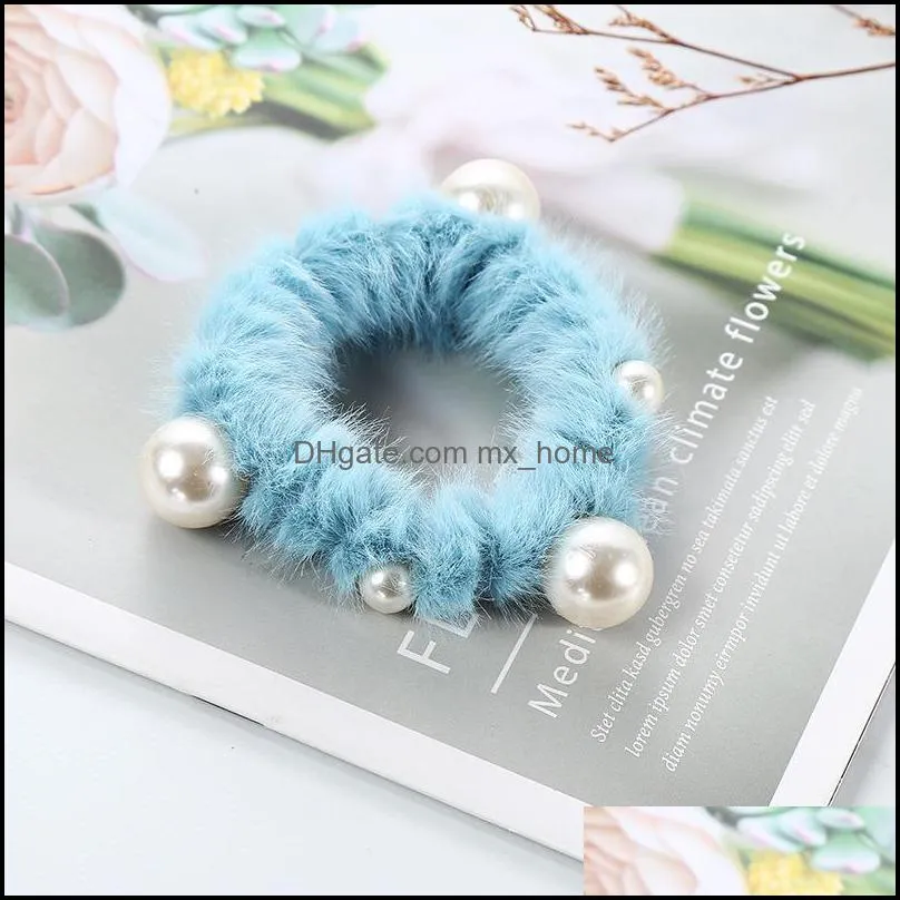 Scrunchie Stretch Plush Headband Scrunchies Women Girls Elastic Faux Fur Pearl Hair Bands Accessories Hairs Tie Ring Headdress Z3915