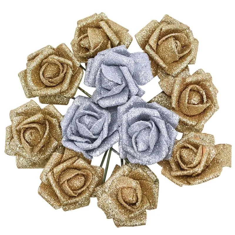 10pcs 6.5cm Glitter Or Argent Bouquet De Fleurs Artificielles Faux Fleur DIY Guirlande Artisanat De Noël Fête De Mariage Décoration De La Maison Y201020