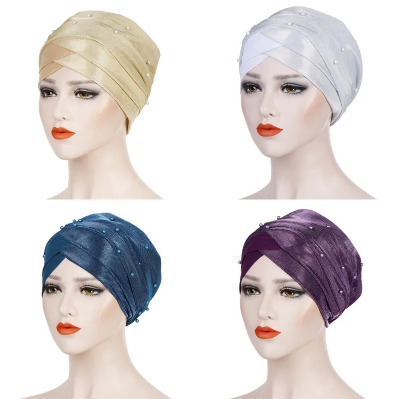 Adult Head Wrap Hat Beads Silk Cloth Two Color Turban Beanies Fashion Muslim Headgear Women Comfort 10 5era O2