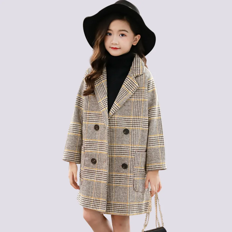 Cappotto invernale per ragazze Giacca di lana spessa per ragazze Moda Plaid Capispalla per bambini Autunno Inghilterra Abbigliamento per adolescenti per ragazze Scuola LJ200828