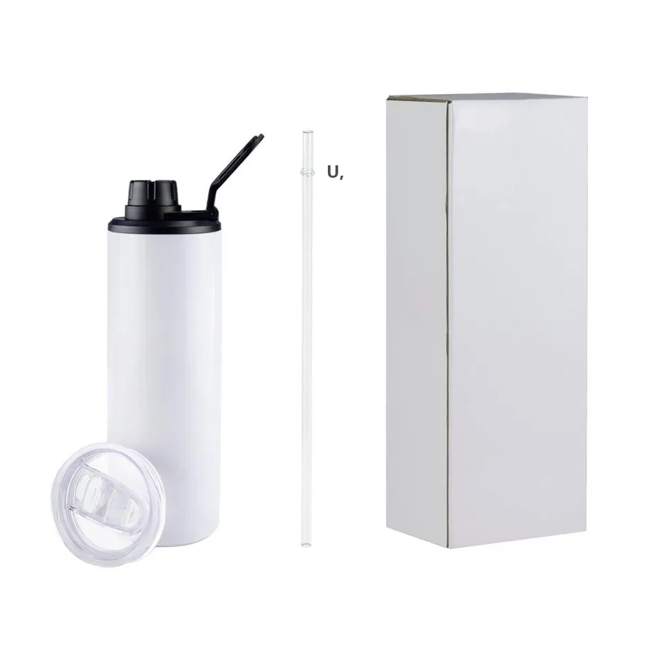 Gobelets droits de sublimation de 20 oz Gobelet brillant blanc avec couvercles doubles Boîtes de pailles transparentes Bouteille blanche en acier inoxydable par mer GCB14451