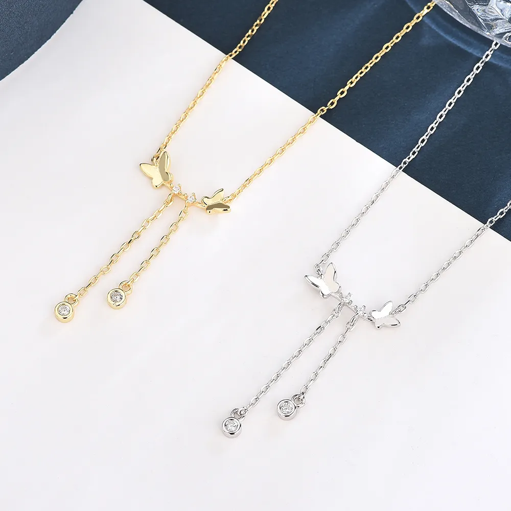 Loioloy 925 Sterling Silver Butterfly Shaped Gold Color Charm Tassel Necklace Wholesale For Women Q0531