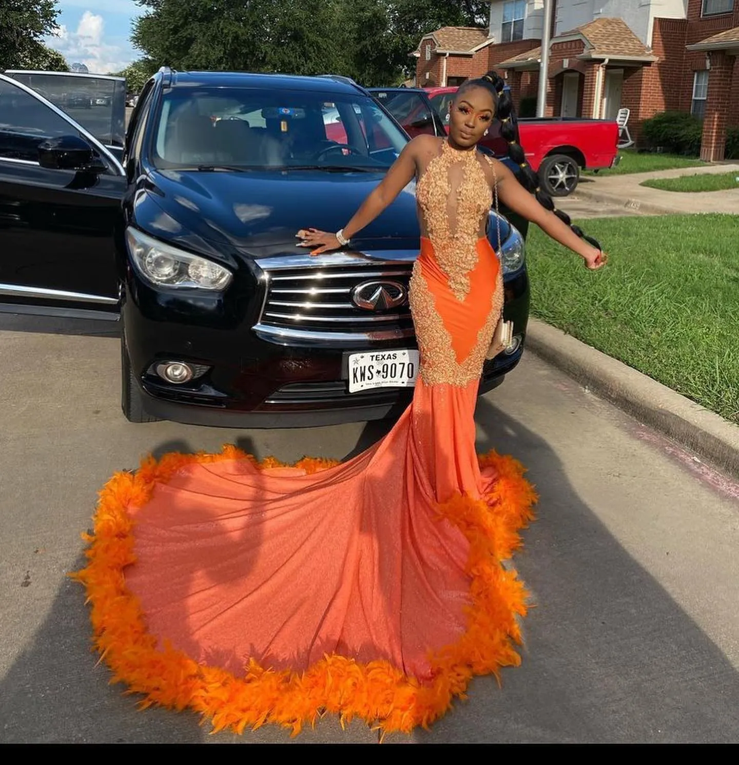 女性のためのアフリカの黒人の女の子オレンジウエディングのドレス2022レースのアップリケスパンコールの人魚のパーティーガウンの長い卒業の摩耗