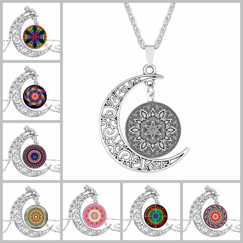 8 design moonstone necklace Owl Flower tree of life Cabochon glass Charms moon and star pendant necklaces For women Fashion Jewelry