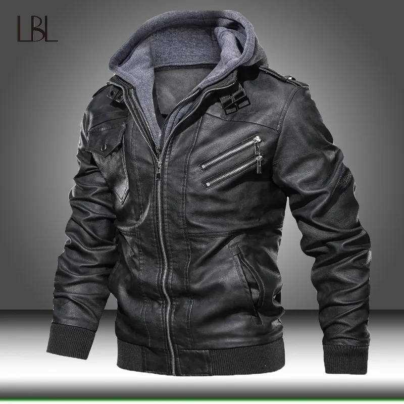 Hommes Faux Veste En Cuir Moto Veste Coupe-Vent Hommes À Capuche PU Vestes Mâle Outwear Chaud Biker Plus Velours Rétro Manteaux 201114