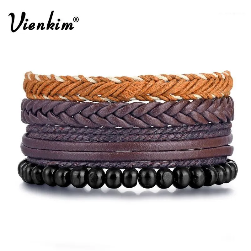 Charm Bracelets Vienkim Gentleman Wood Beads Multilayer Leather Bracelet Bangle For Men Classic Handmade Weave Rope Set Jewelry 20211