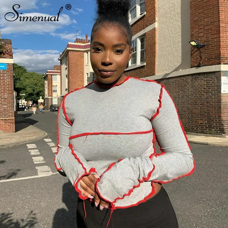 Simenual Mode Patchwork Casual Femmes Culture Crop Tops Street Style À manches longues Automne 2020 T-shirt Skinny Modycon Solide Femelle