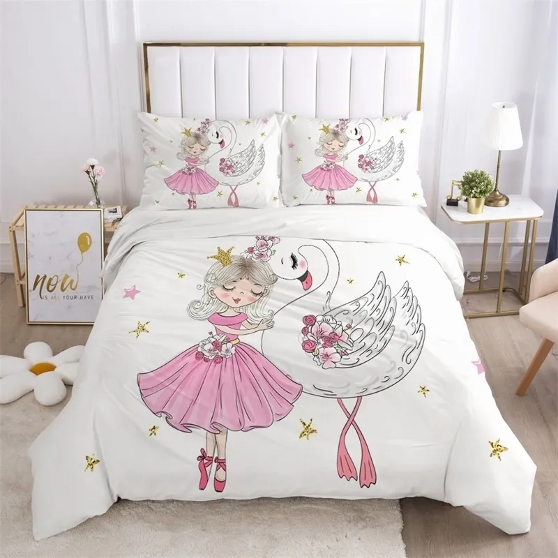 Girls Princess Cartoon Bedding Set for Baby Kids Children Crib Duvet Cover Set Pillowcase Blanket Quilt Cover Cute Pink swan 201120