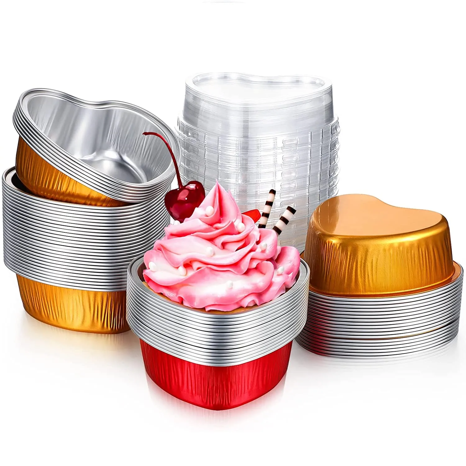 Fourniture de fête de mariage 100 ml en forme de coeur moule à gâteau en aluminium tasse à cupcake avec couvercles moules à flan fête des mères pouding tasse gâteau outils