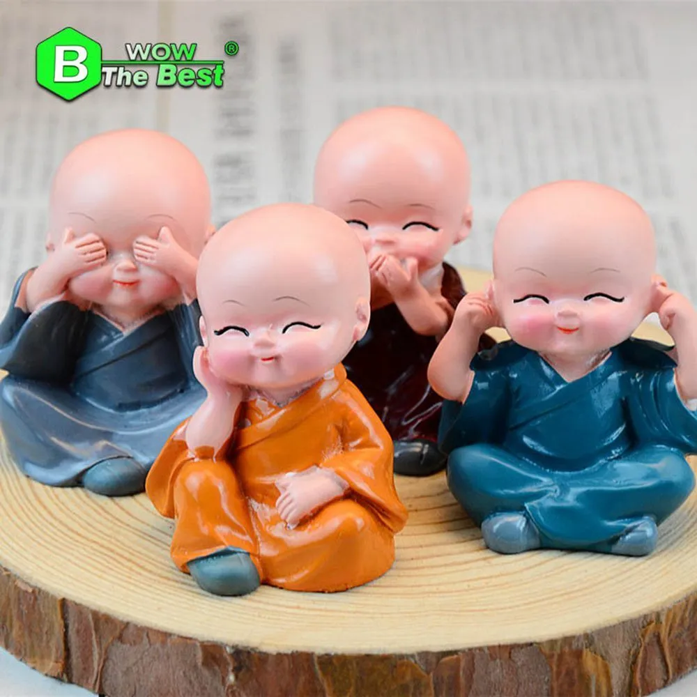 4 pcs/lot Small Buddha Statue Monk Resin Figurine Crafts Home Decorative Ornaments Miniatures Crafts Creative T200710