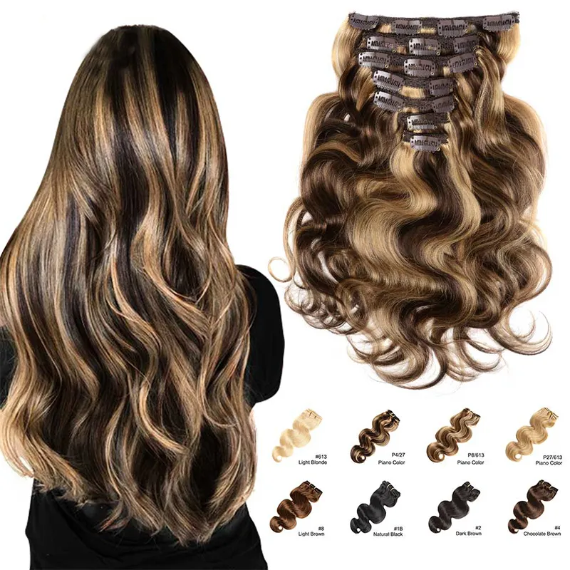 Body Wave Menselijk Haar Clip in Extensions Walking Color Clip in Hair Extensions Natuurlijke Kleur Braziliaanse Machine MADE REMY HAAR