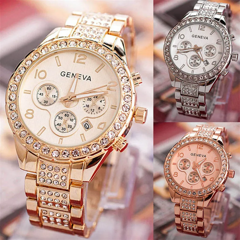 Mode Kvinnor Diamant Armbandsur Crystal Gold Rosegold Alloy Rhinestone Steel Watchbands med kalender Datum Kvinnors Klänning Klockor