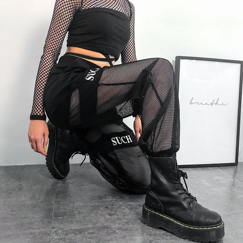 Gothic Fishnet Mesh Patchwork baggy jeans for Women - Black