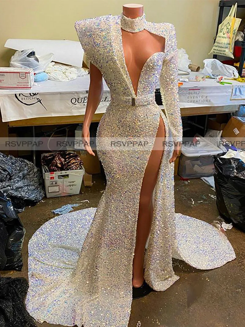 Prom Dresses 2020 Sexy Wysokie Szczur Pojedynczy Z Długim Rękawem Świecący Cekinowane Afryki Kobiet Czarne Dziewczyny Prom Party Suknie