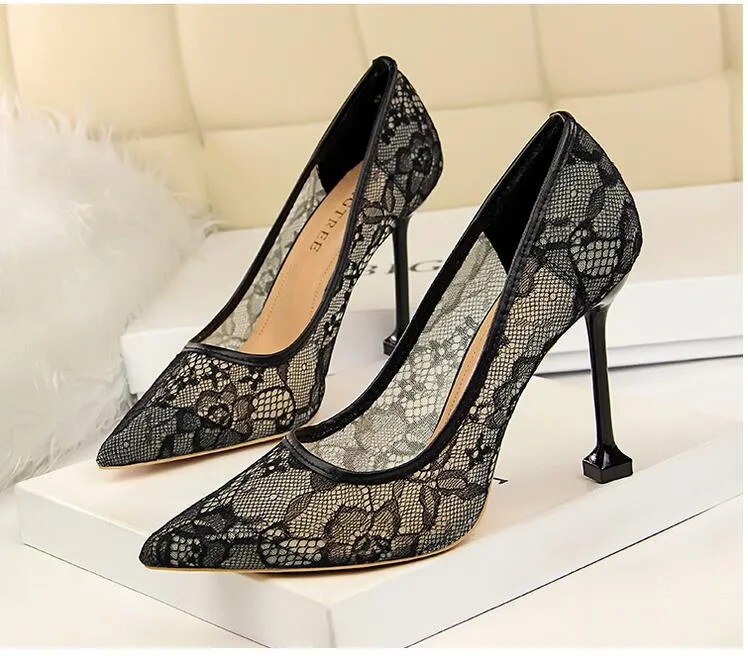 2020 new women's fashion dress shoes office lady's casual thin heels lace pumps girls sexy dinner high heel shoes red white size 35-40 #P62