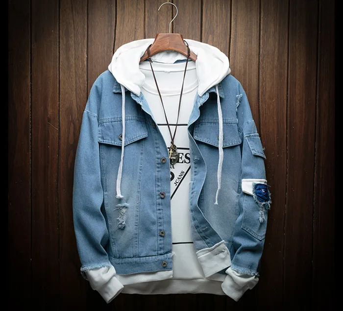 Mens Patchwork Denim Jean Jackets With Hood Casual Fashion