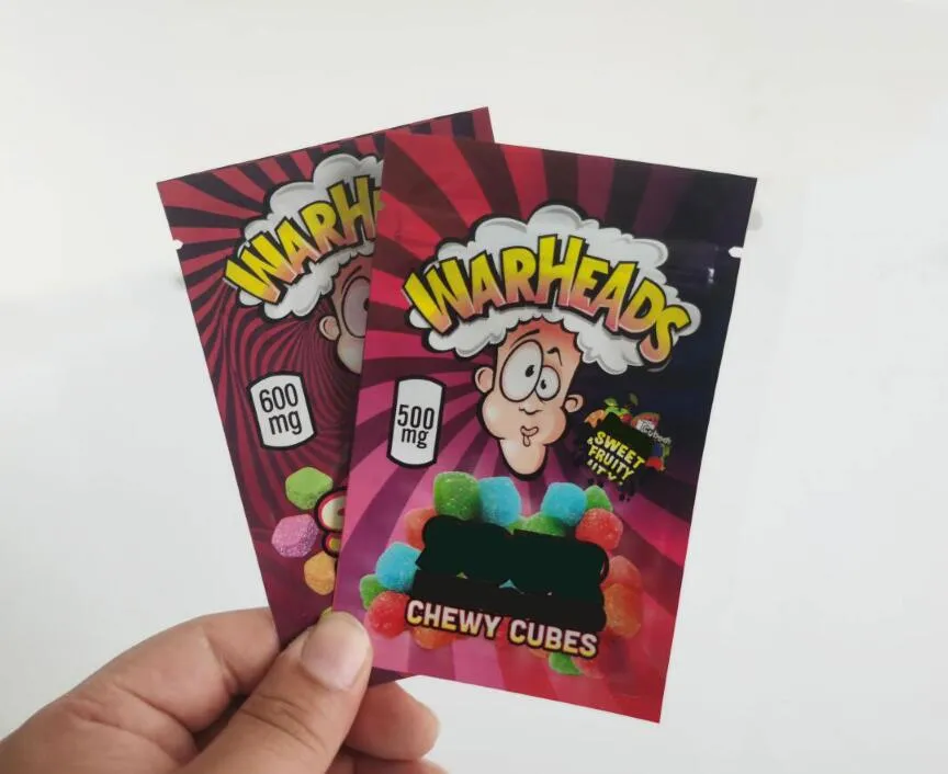 500 mg Warheads Bag Selling Sweet Che Wy Cubes Edibles Gummies War Heads Can Dy Package Väskor Mylar