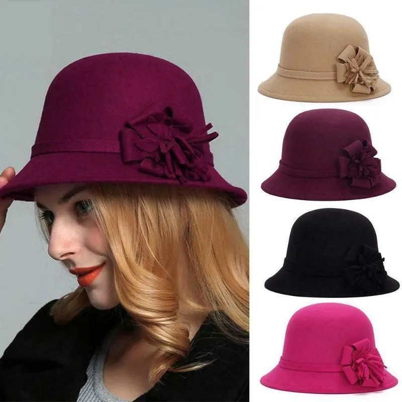 Mulheres Bow Cap Flor sentiu elegante feriado redondo largo borda moda cloche quente outono inverno vintage imitação de lã balde de lã