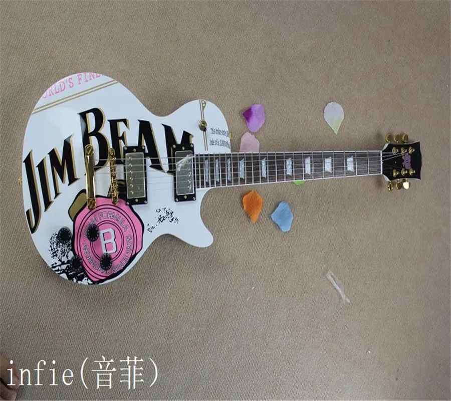 2022 Jim Beam Model met roze roze bloemsticker op lichaam Top White Color OEM standaard elektrische gitaar