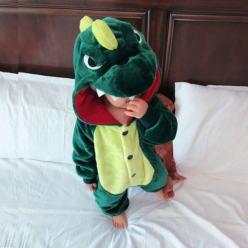 Pijamas bonitos de otoño e invierno para niños y niñas, dinosaurio animal de franela, una pieza