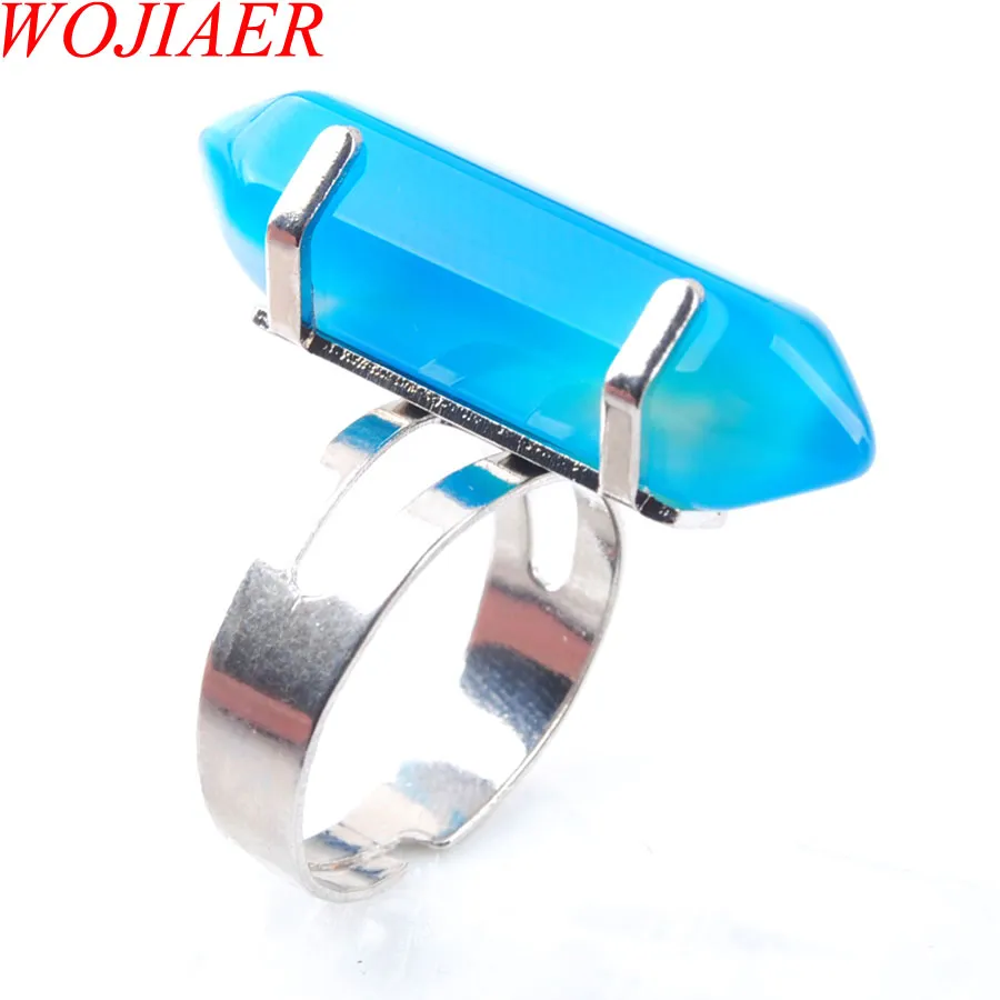 Wojiaer Natural Agates Jasper 보석 반지 고리 치유 Reiki Chakra Beads Hexagon Ring 20mm 조정 가능한 DBX303