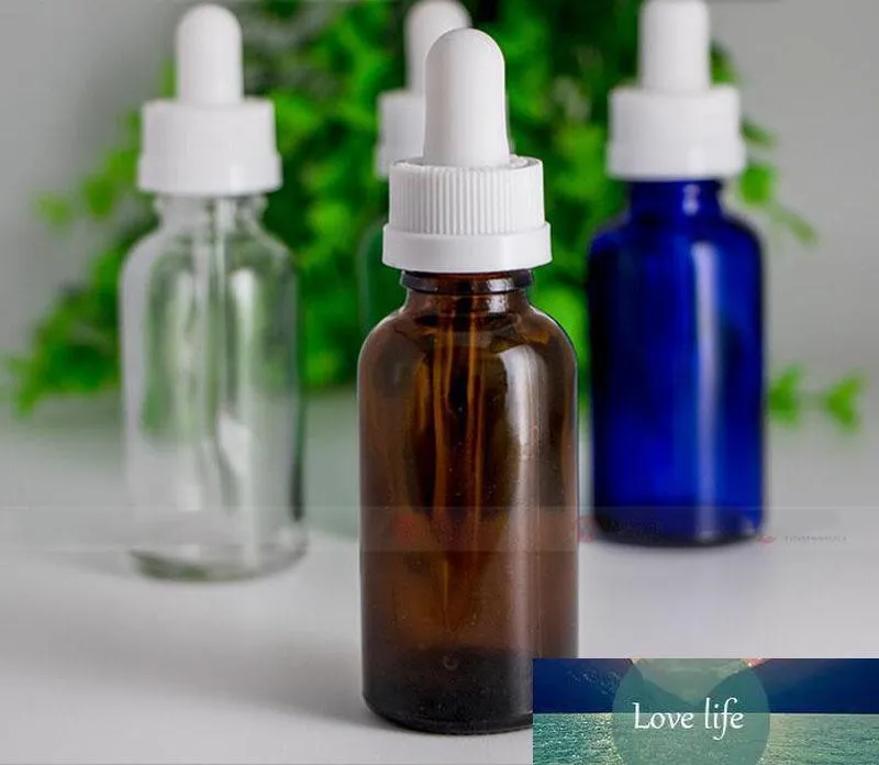 Botellas cuentagotas de vidrio verde azul claro ámbar de 30 ml y 1 oz con tapa a prueba de niños botella de aceites esenciales para eliquid e jugo